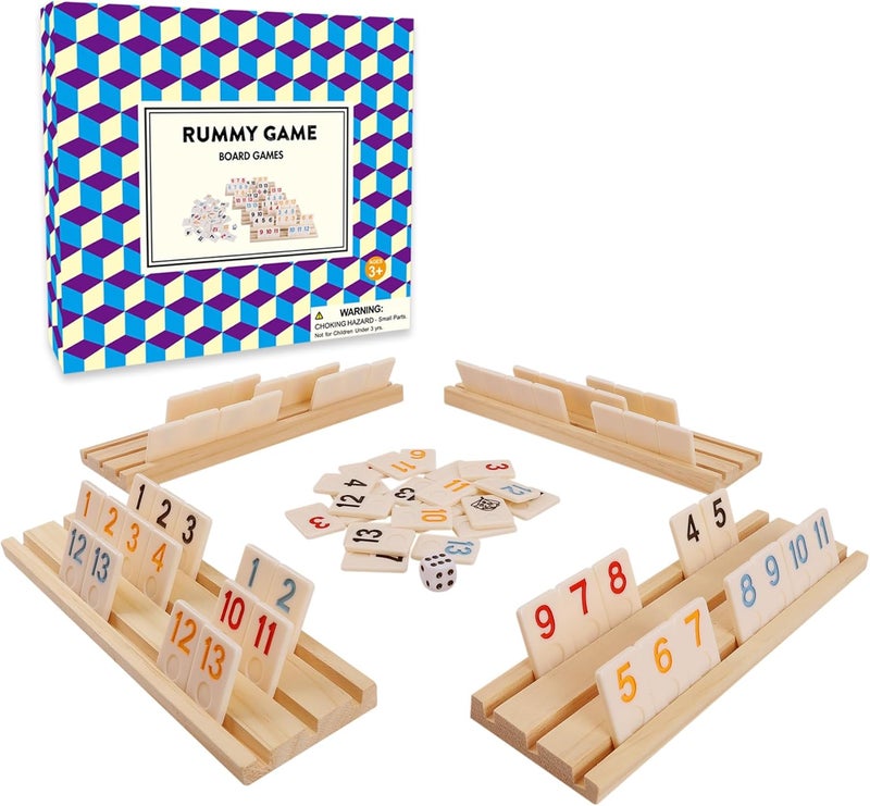 Offelec Upgraded Rummy Cube Game with 106 Large Number Rummy Tiles Set, 4 Wooden Racks & Dice - Family Board Games for Adults & Kids, Travel Size Rummy Games for 2-4 Players, Funny Night Game ﻿ - Image 1